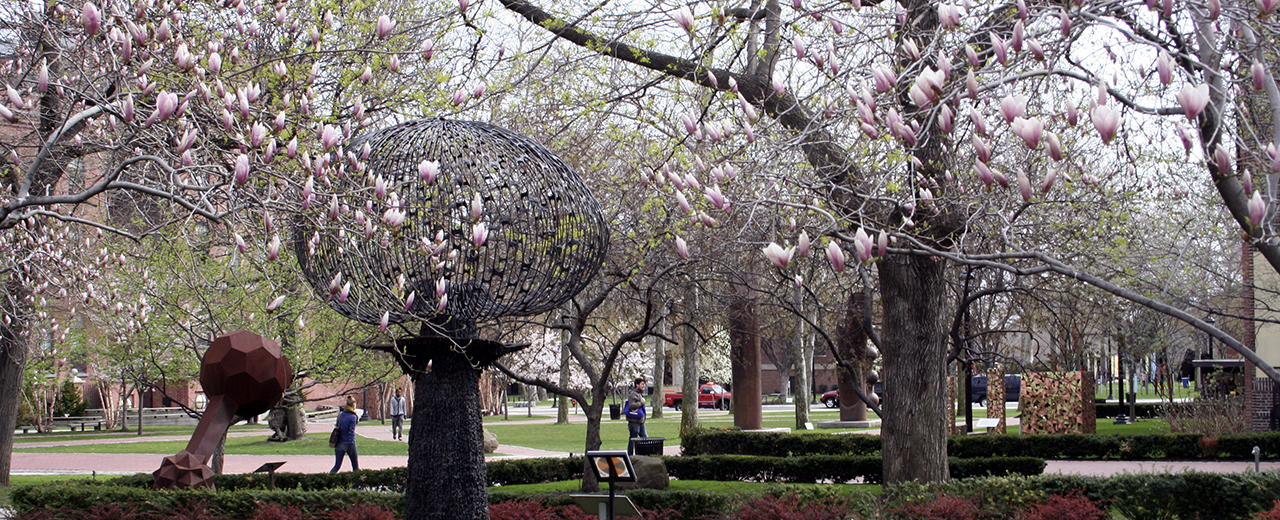 Image of a sculpture garden with sculptures scattered amongst trees with flowering pink buds.