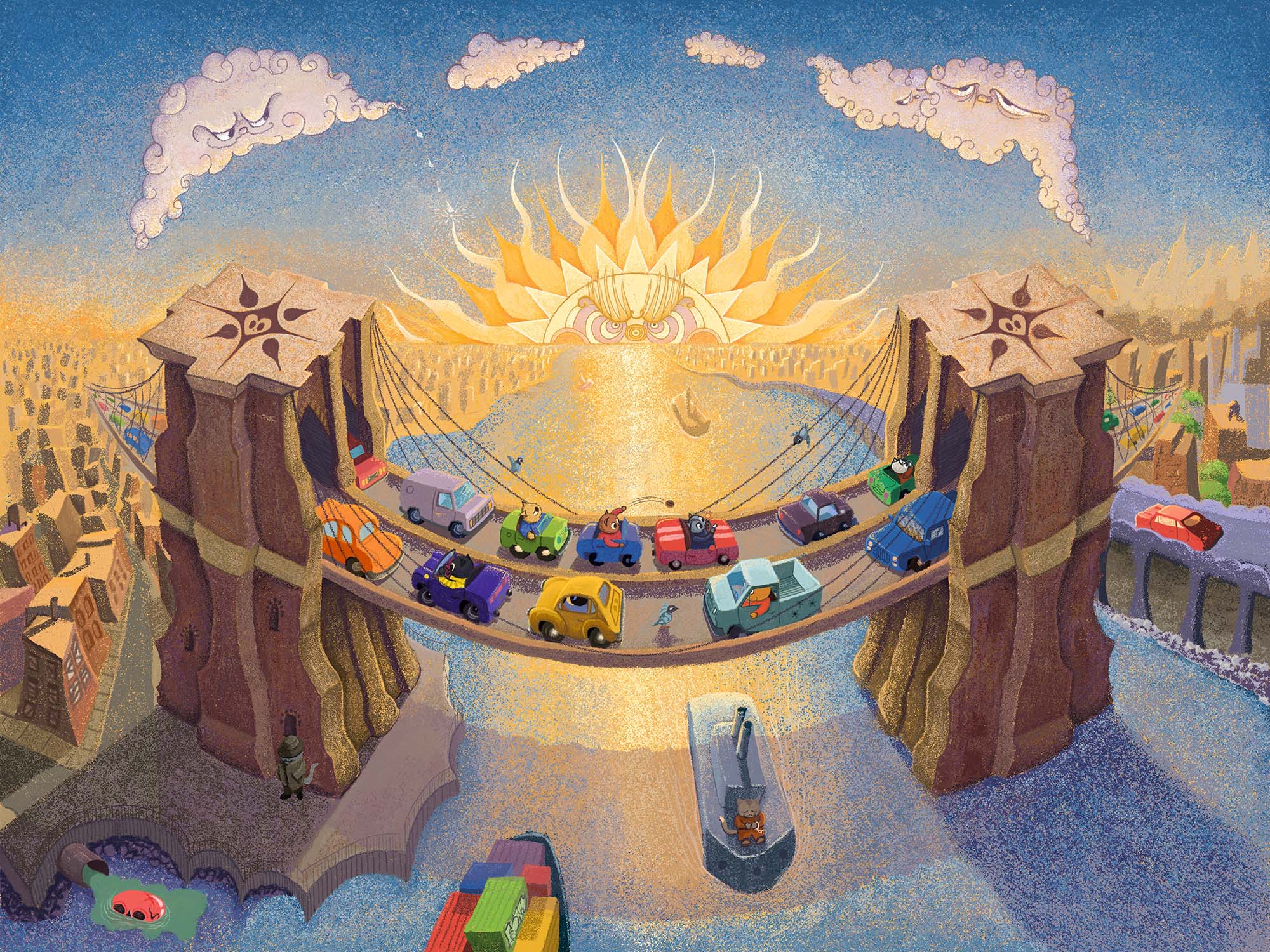 an illustration of a birds-eye view of a bridge. cars are driving over it and boats and barges are sailing underneath. there is a sun with a face with furrowed brows peaking up over the horizon of the river.