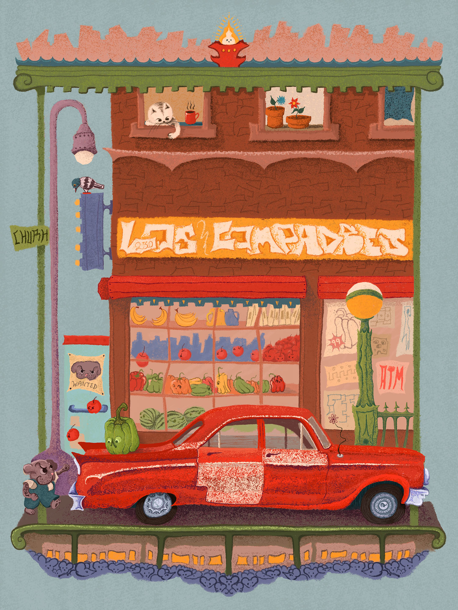 an illustration of a city facade. a red car is parked in front of a storefront with fruits and vegetables in the window. a cat next to a cup of coffee looks out a window on the second floor. a small anthropomorphized dog in green overalls with a tattoo on its arm is walking down the street behind the car. there is an entrance to the subway on the right site of the image behind the hood of the car.