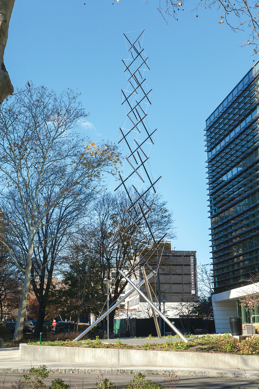 Kenneth Snelson's Black EC Tower. The sculpture Black E.C. Tower belongs to a class of structures called “tensegrity,” first invented by Snelson in 1948. Tensegrity structures are composed of a network of taut tension wires enclosing an assembly of internal compression struts. Many of Snelson’s sculptures can be seen in public places and museums throughout the world. (Loan: Courtesy of Marlborough Gallery)