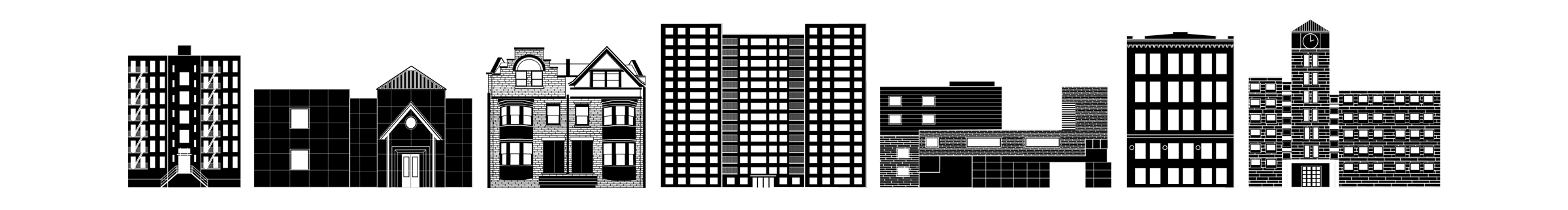 Black outline art of Pratt's various buildings.