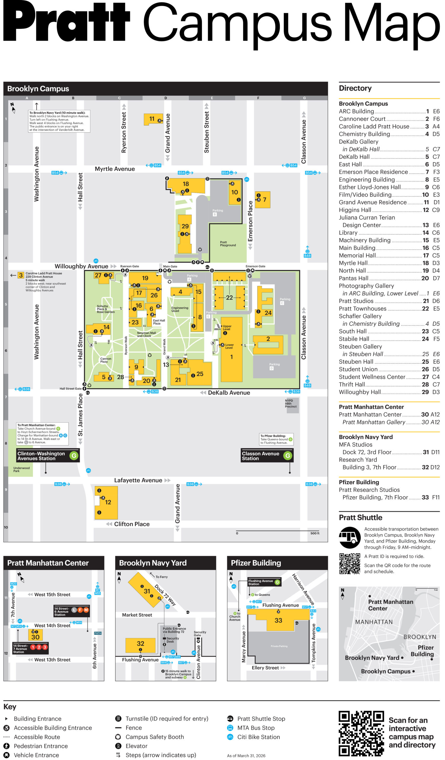 Comprehensive campus map titled “Pratt Campus Map” focused on the Brooklyn Campus. The main panel shows a street grid bordered by Myrtle Avenue, Willoughby Avenue, DeKalb Avenue, Washington Avenue, Classon Avenue, Hall Street, Emerson Place, Grand Avenue, Ryerson Street, and Steuben Street. Yellow building footprints are numbered and correspond to a directory list on the right. Green areas indicate lawns and open spaces, including Cannon Plaza and Newman Mall. Icons mark building entrances, accessible entrances, accessible routes, pedestrian entrances, elevators, turnstiles requiring ID, campus safety booths, fences, Pratt Shuttle stops, MTA bus stops, and Citi Bike stations. Subway stations for the G train at Clinton–Washington Avenues and Classon Avenue are labeled along the southern edge. A directory column lists Brooklyn Campus buildings with numbers and grid references, including ARC Building, Cannon Plaza, Caroline Ladd Pratt House, Chemistry Building, Dekalb Gallery, Dekalb Hall, East Hall, Emerson Place Residence, Engineering Building, Esther Lloyd-Jones Hall, Film/Video Building, Grand Avenue Residence, Higgins Hall, Julianne Curran Terian Design Center, Library, Machinery Building, Main Building, Memorial Hall, Myrtle Hall, North Hall, Pantus Hall, Photography Gallery in ARC Building Lower Level, Pratt Studios, Pratt Townhouses, Schafler Gallery in Chemistry Building, South Hall, Stable Hall, Steuben Gallery and Steuben Hall, Student Union, Student Wellness Center, Thrift Hall, and Willoughby Hall. Inset maps along the bottom show the Pratt Manhattan Center near West 14th and West 15th Streets, the Brooklyn Navy Yard with Dock 72 and Building 3 locations, and the Pfizer Building near Flushing Avenue. A key explains symbols used on the map. A QR code at the lower right reads “Scan for an interactive campus map and directory.” The map is dated as of March 31, 2026.
