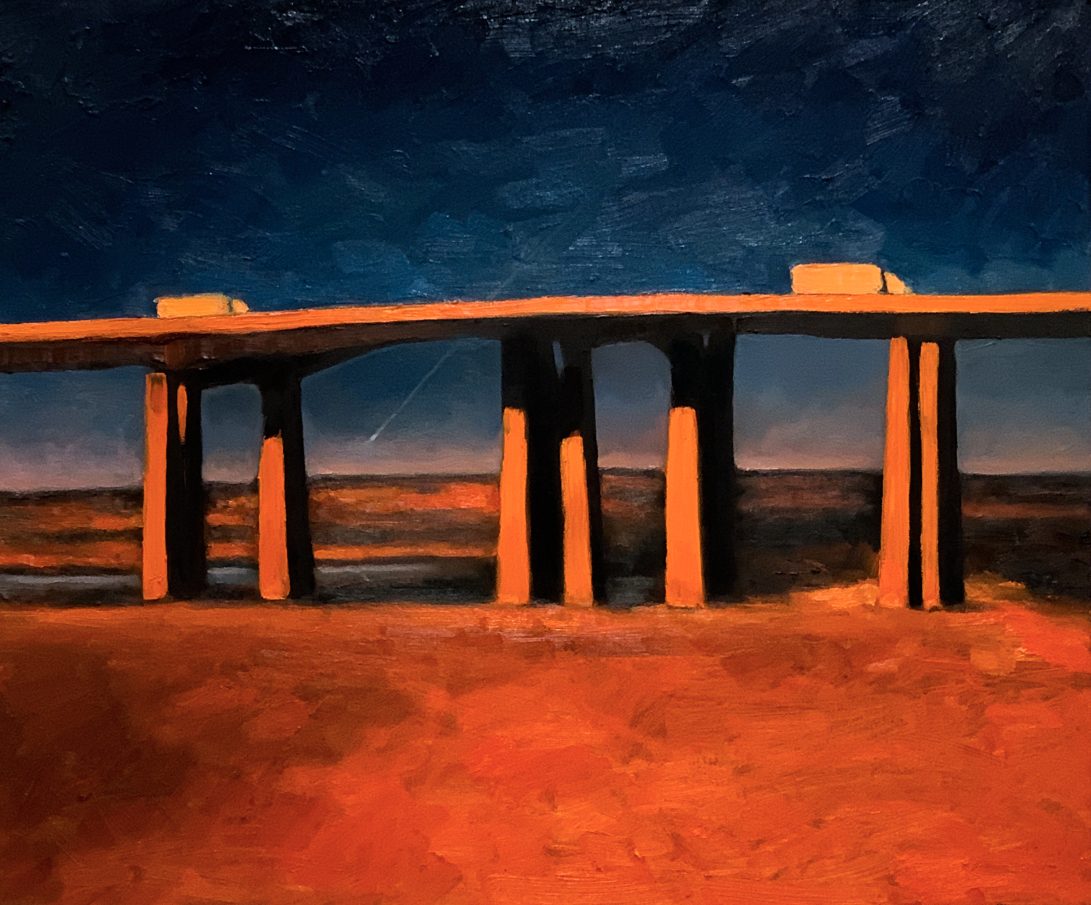 a painting depicting a view of an overpass against a dark blue sky. two trucks drive along the overpass. a thin streak of white cuts through the ski behind the roadway—perhaps a shooting star. the foreground is a deep, dark, warm orange relatively empty field.