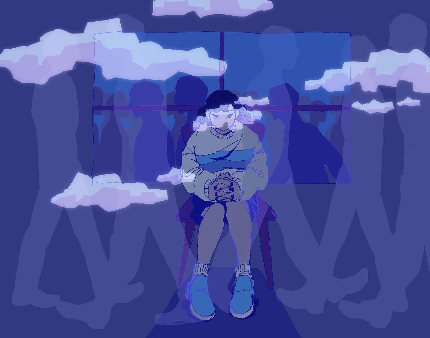 A painting of a girl sitting inside a home with a window behind her with faceless crowds walking by.