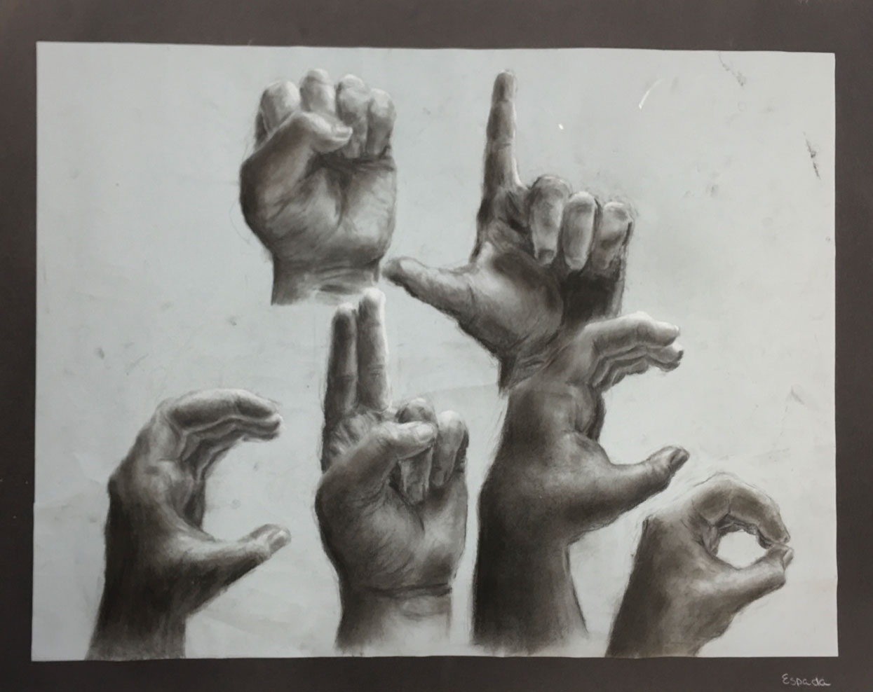Art featuring a set of grey hands making different hand gestures on a grey backdrop.