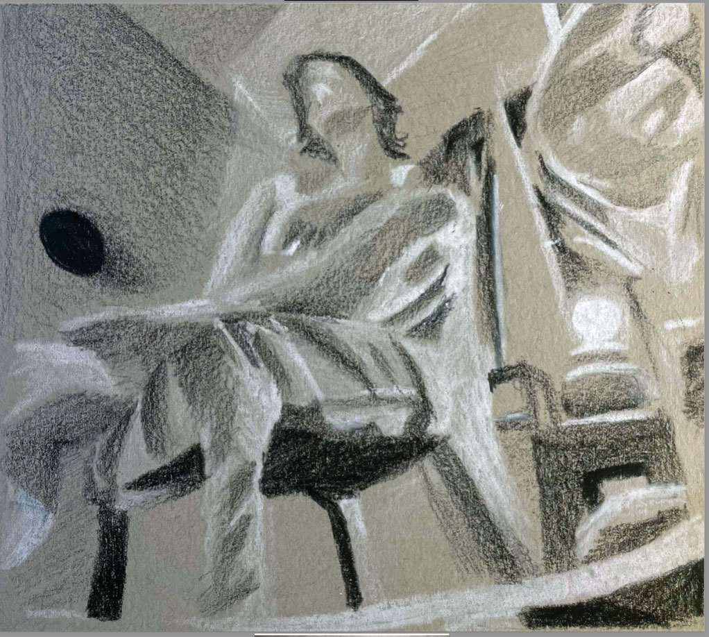 A drawing of a person sitting in a chair from the ground perspective. The person has lamp by their side.