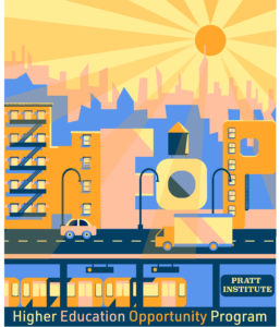 HEOP flyer depicting an stylized scene with a city skyline, with buildings spelling out HEOP