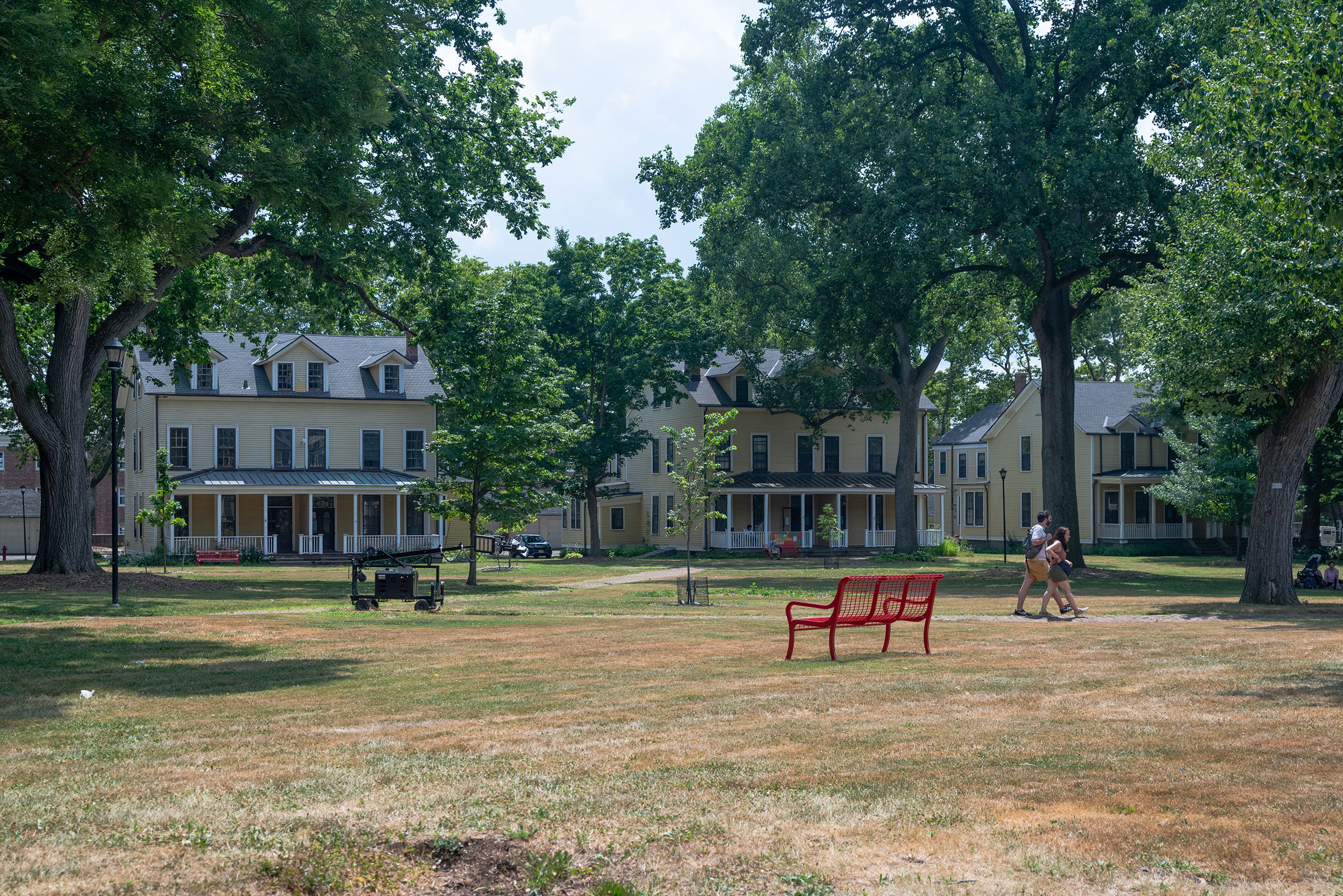 An image of a park with an open grass field dotted with trees and a red bench in the middle.