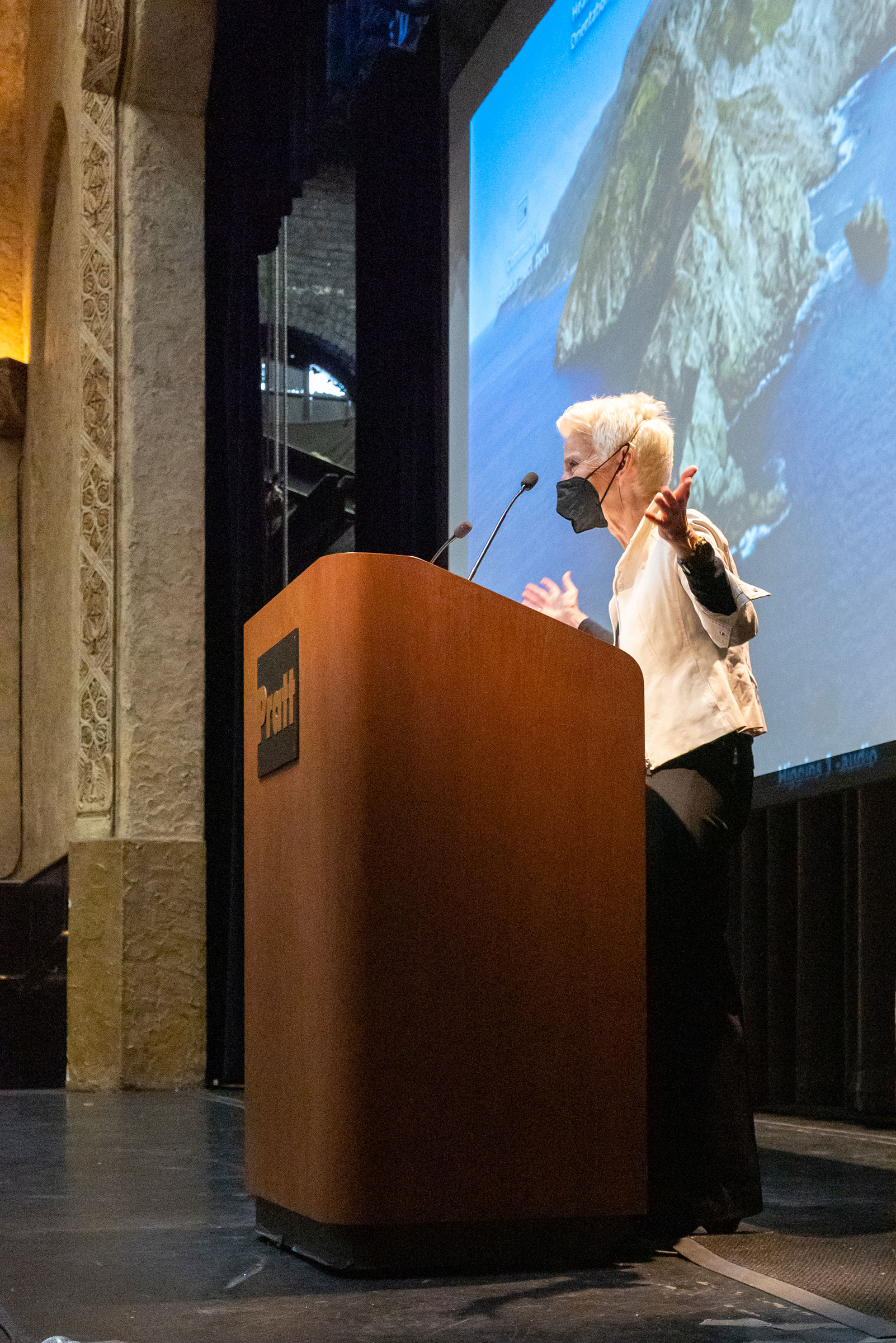 President Frances Bronet speaks at a podium.