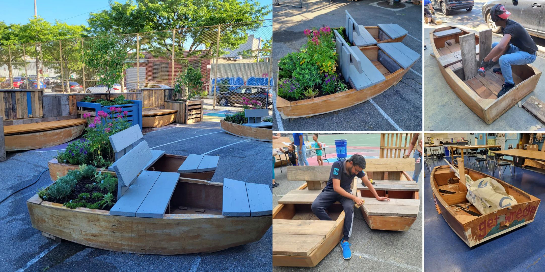A collage of photos of planters made out of small salvaged boats.