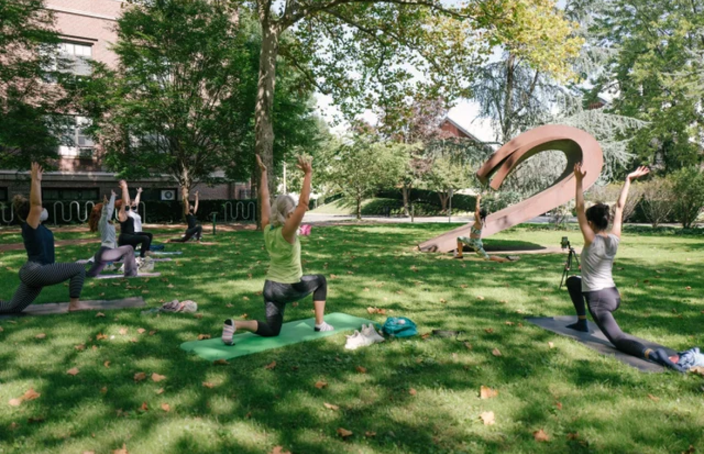 A group of people practicing yoga outdoors on a grassy lawn, surrounded by trees and a large metal sculpture. The scene is peaceful and meditative, with the participants in various yoga poses, enjoying a calm and serene environment on campus.