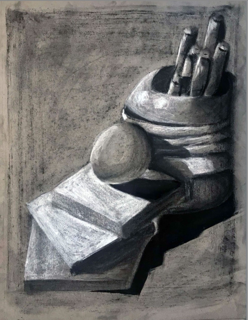 Drawing of a set of notebooks, a ball and a pencil holder with pencils in grey.