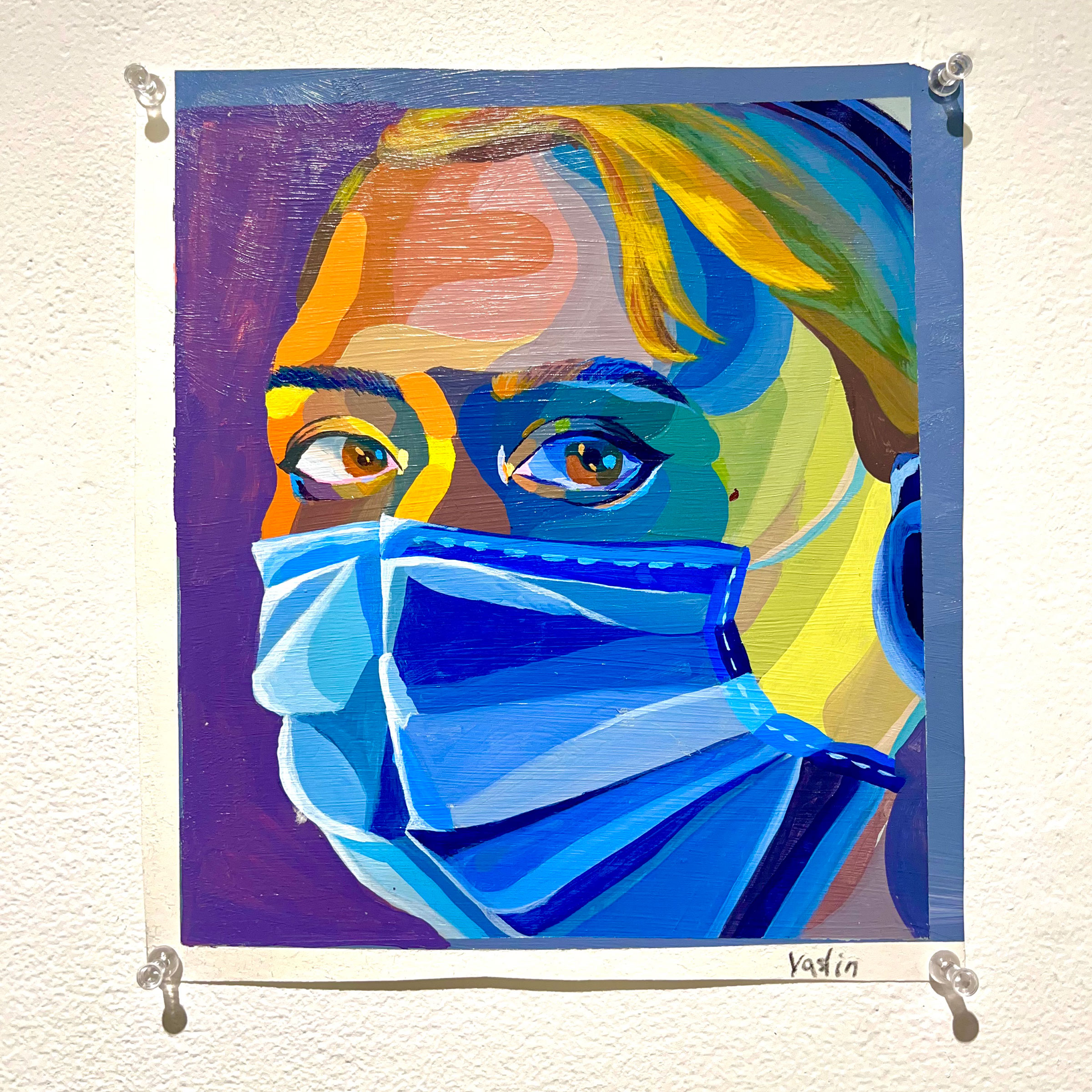 A multicolored painting of a person wearing a face mask.