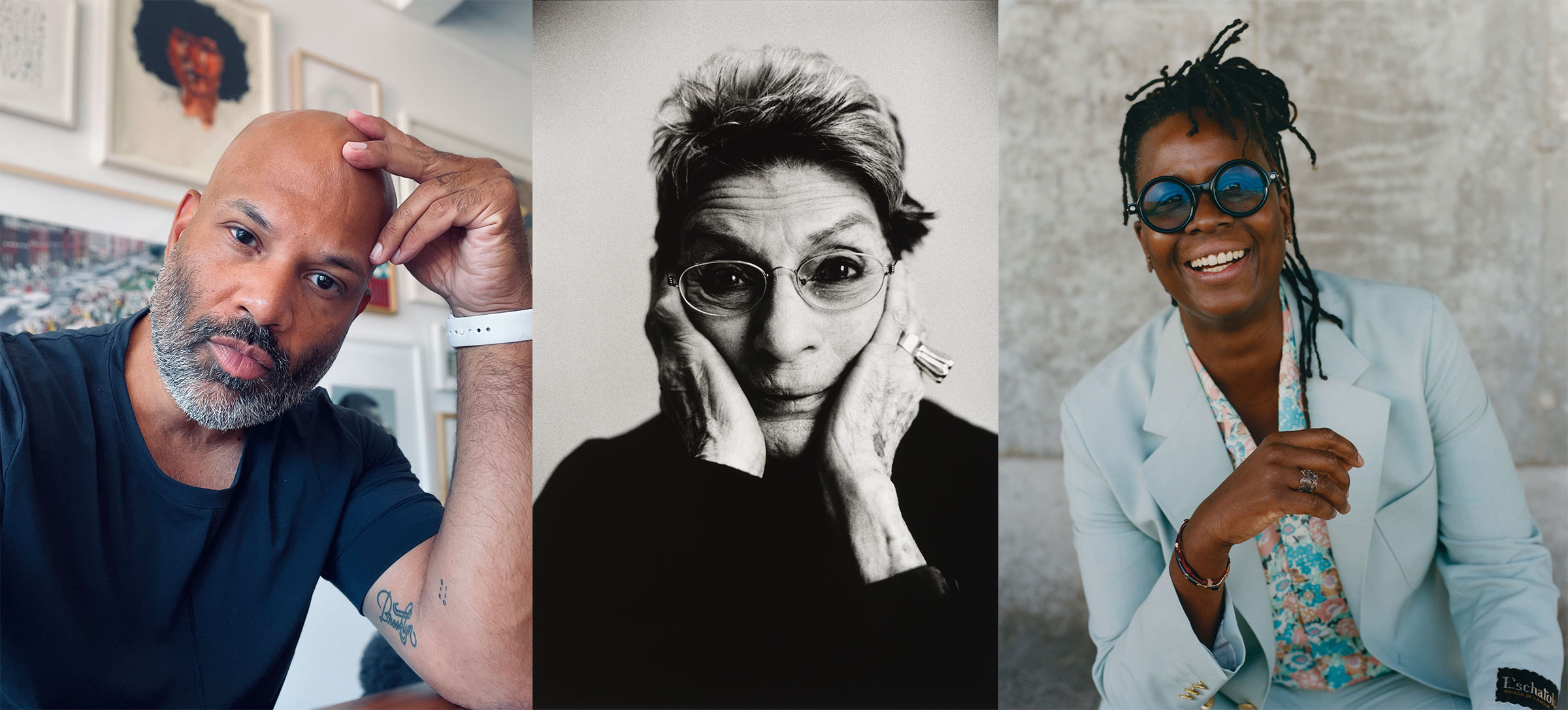 A collage of three photographs. Photos from left to right: a man looking at the camera resting his head in his hand as his arm is propped on a counter; a woman with short hair looking at the camera, her eyebrows are raised and she cradles her face in her two palms; a woman with braids and wearing sunglasses smiles at the camera