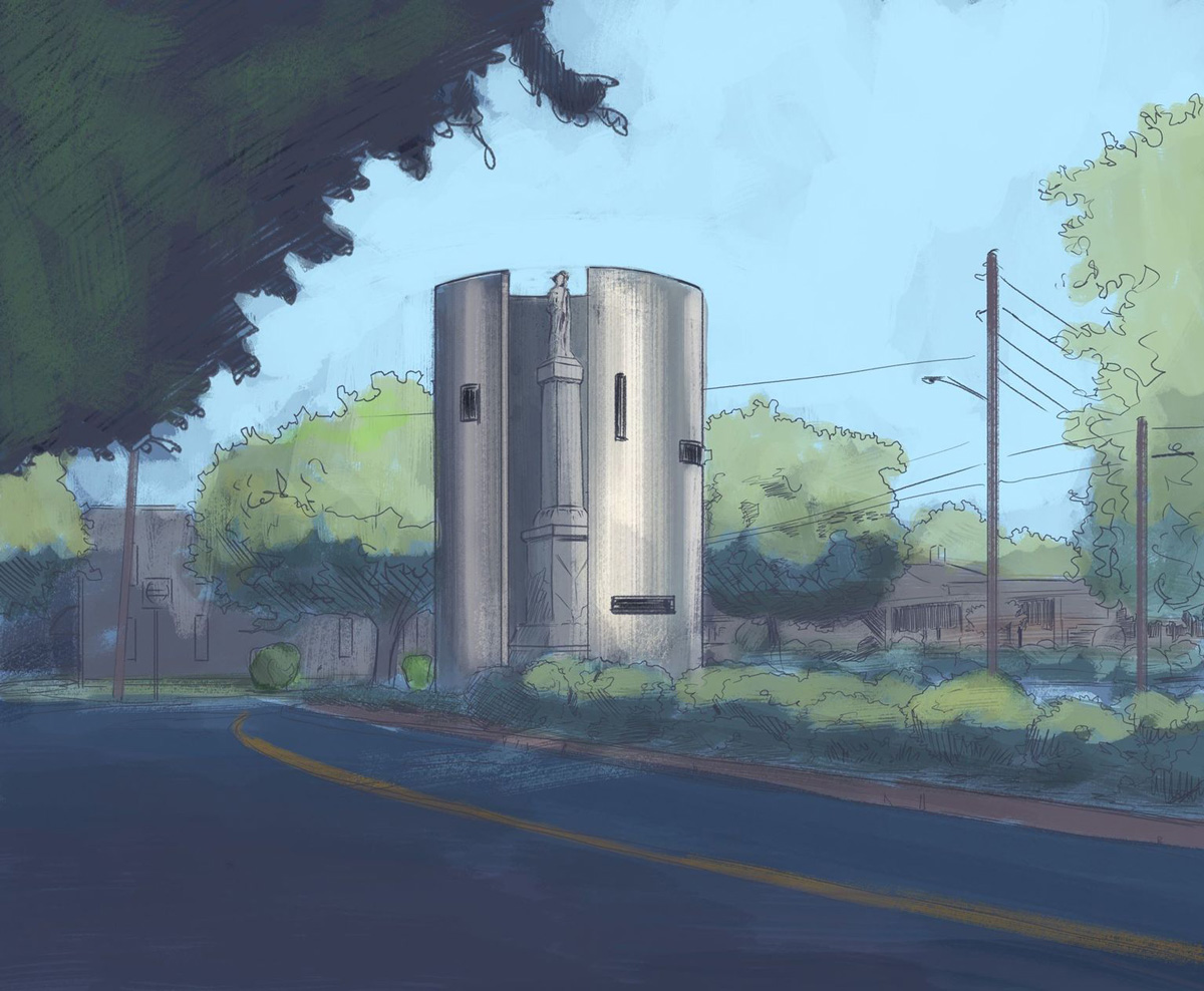 Illustration of cylindrical steel monument surrounding existing stone monument on a tree-lined street