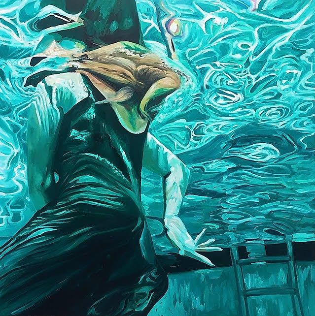 Painting in teal, white, and light brown of clothed swimmer underwater in a pool