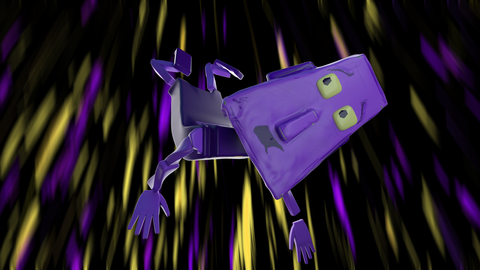 still from 3d animation, done in a early 90's style, with a purple humanoid character with a rhombus shaped head, falling, with yellow and blue line denoting the direction of travel