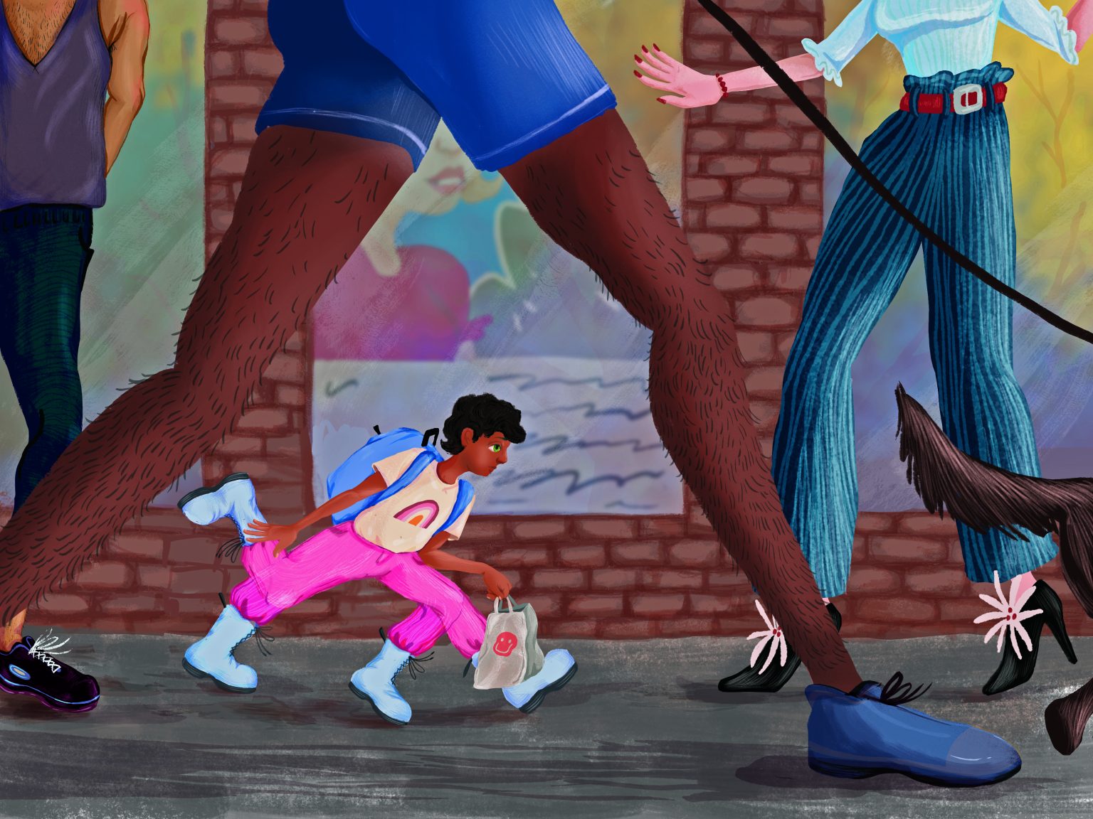 painting depicting black people on a urban street, with adults and children walking, a woman in denim jeans walking with a leash