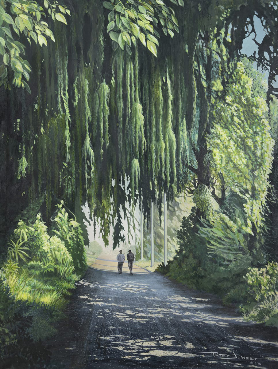 Painting depicting a brick path lined with green trees and hanging moss, and two figures walking in the middle distance