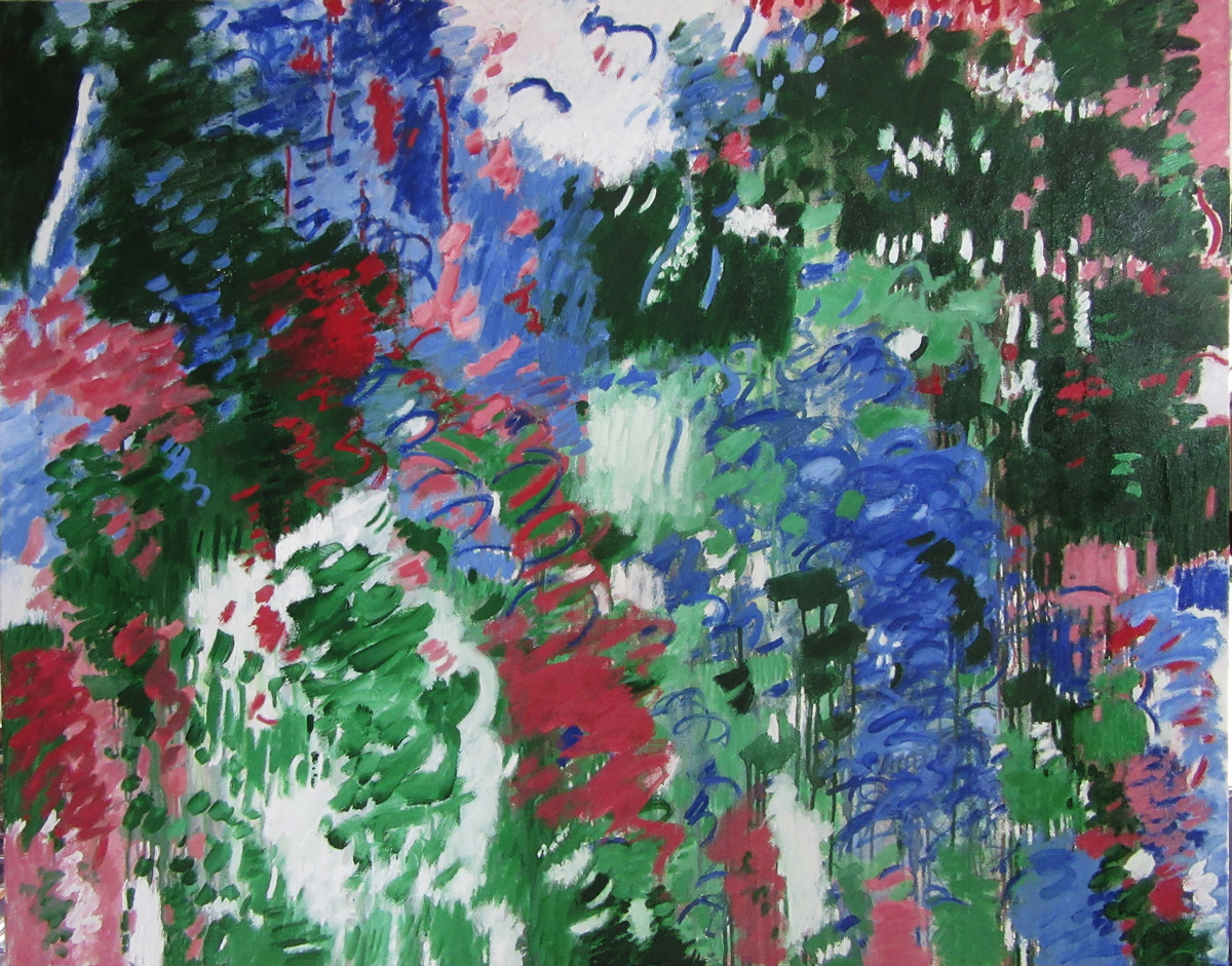 Abstract painting with curves, hashes, and broad gestures of blues, reds, greens, white, and black