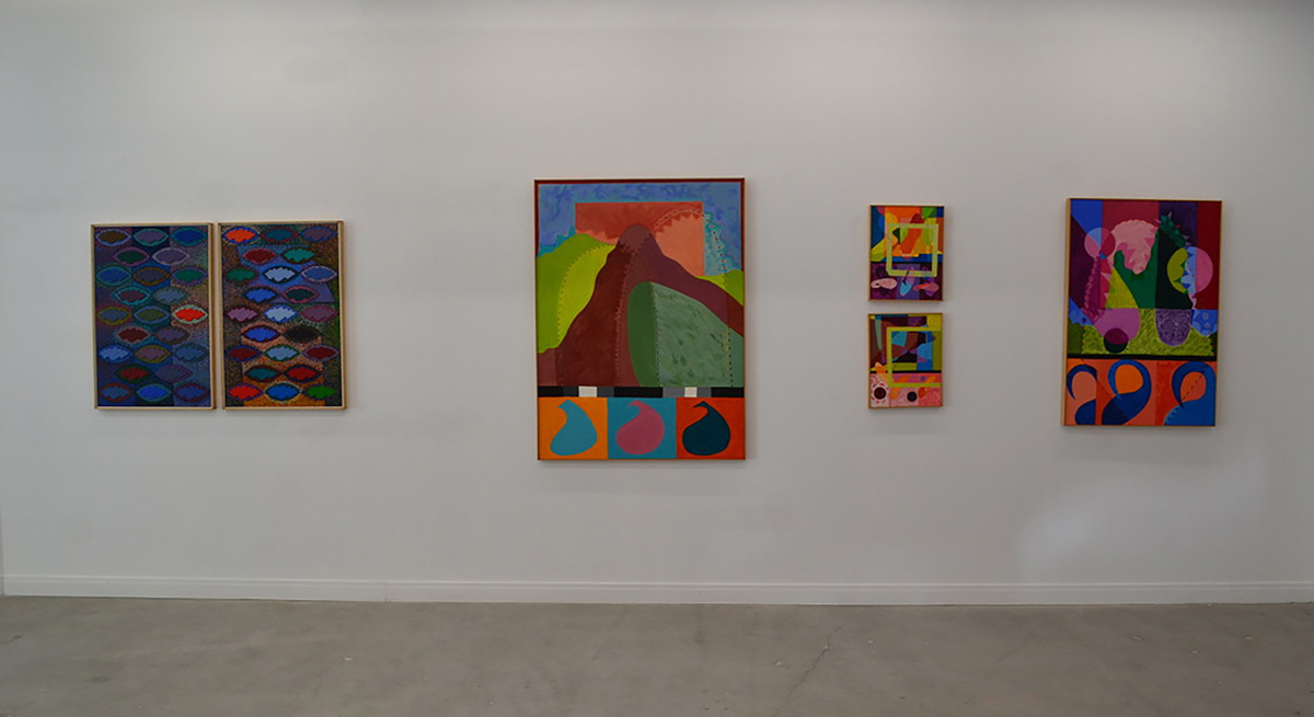Installation of six paintings, each depicting patterns and abstract compositions of shapes in a mix of muted and vibrant colors