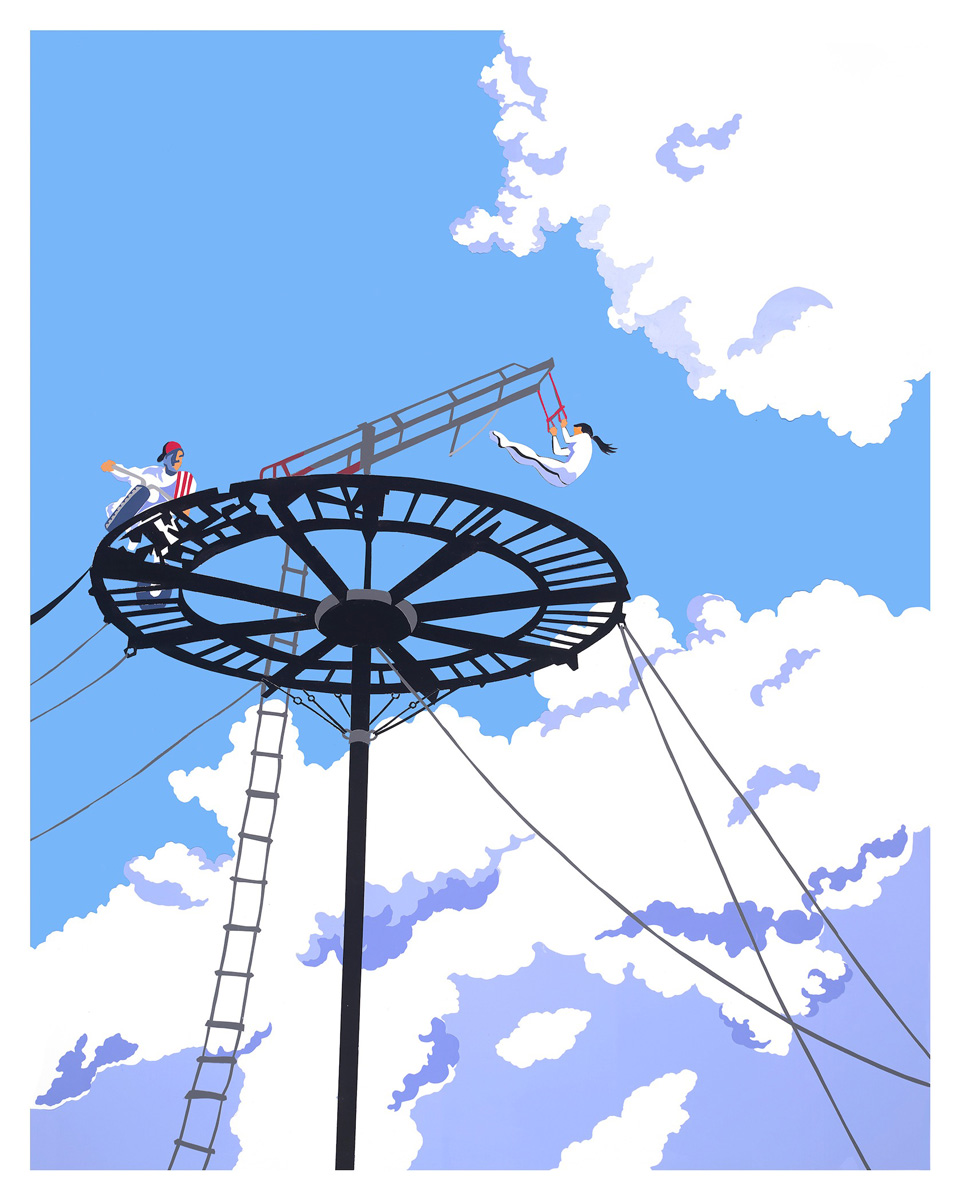 Illustration of acrobat swinging from ladder and cyclist performing stunt on circular track suspended high in the air, above plump clouds