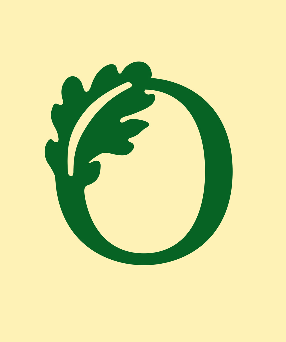 Logo for Oakwood School, a deep green letter O ornamented with graphic oak leaf on neutral yellow background
