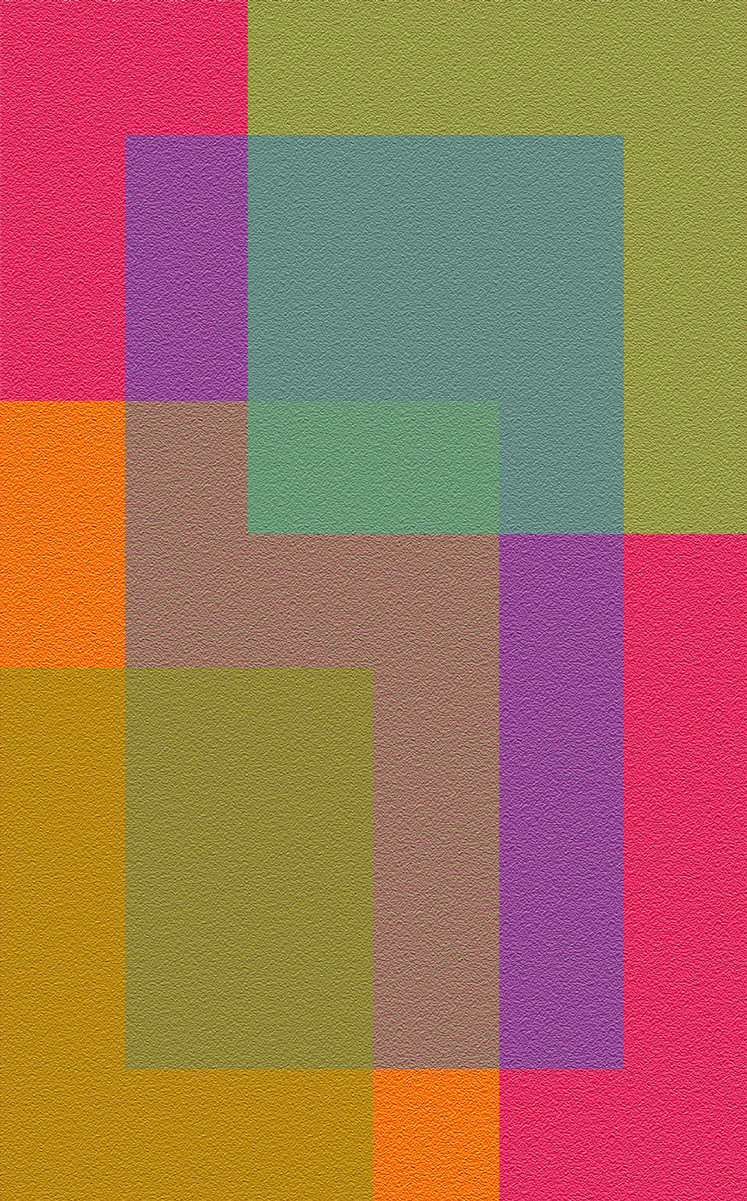 Digital artwork with overlapping translucent rectangles of fuchsia, purple, orange, yellow, and green