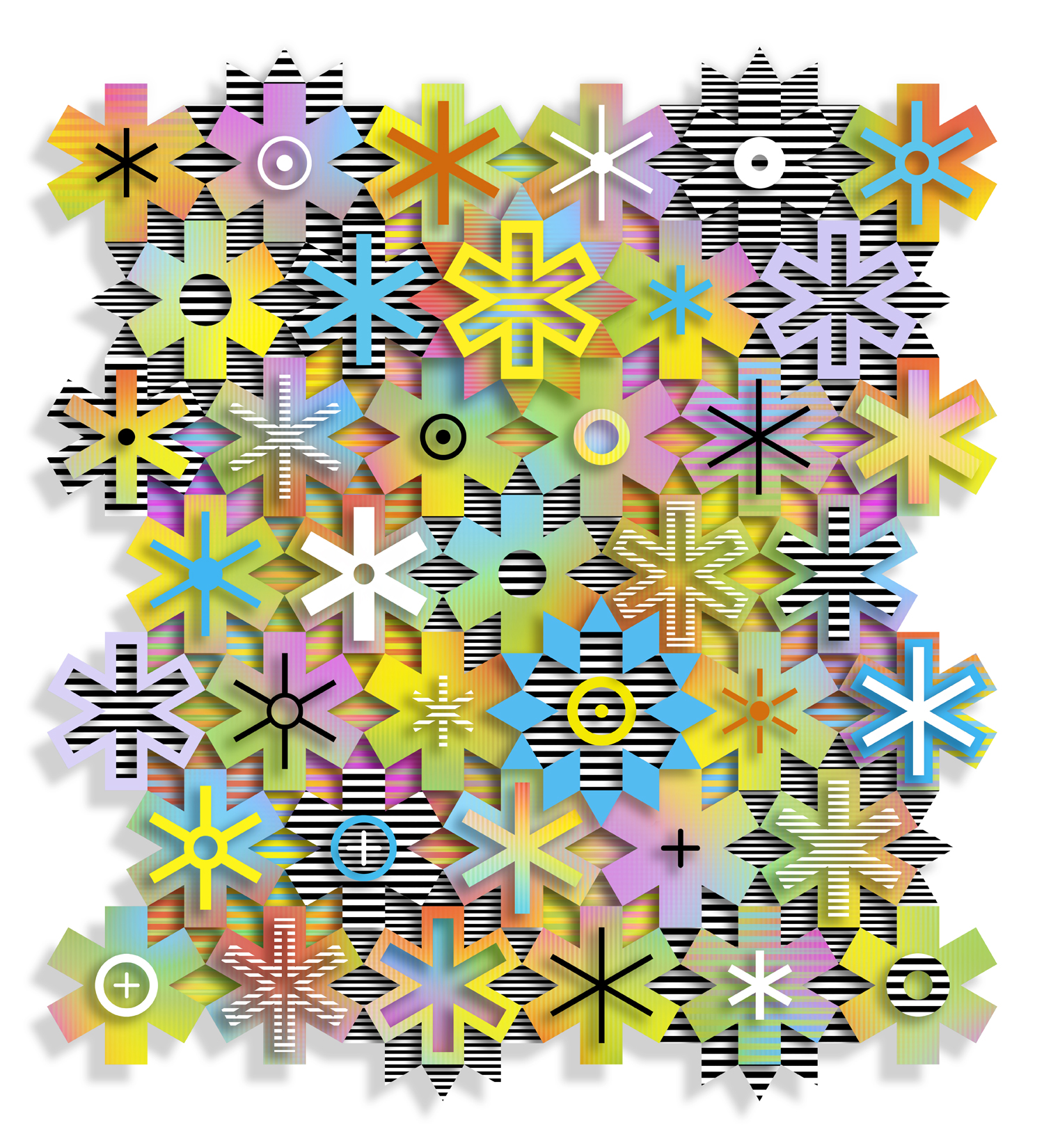 Rows of asterisks in eye-popping colors and patterns layered on a striped background