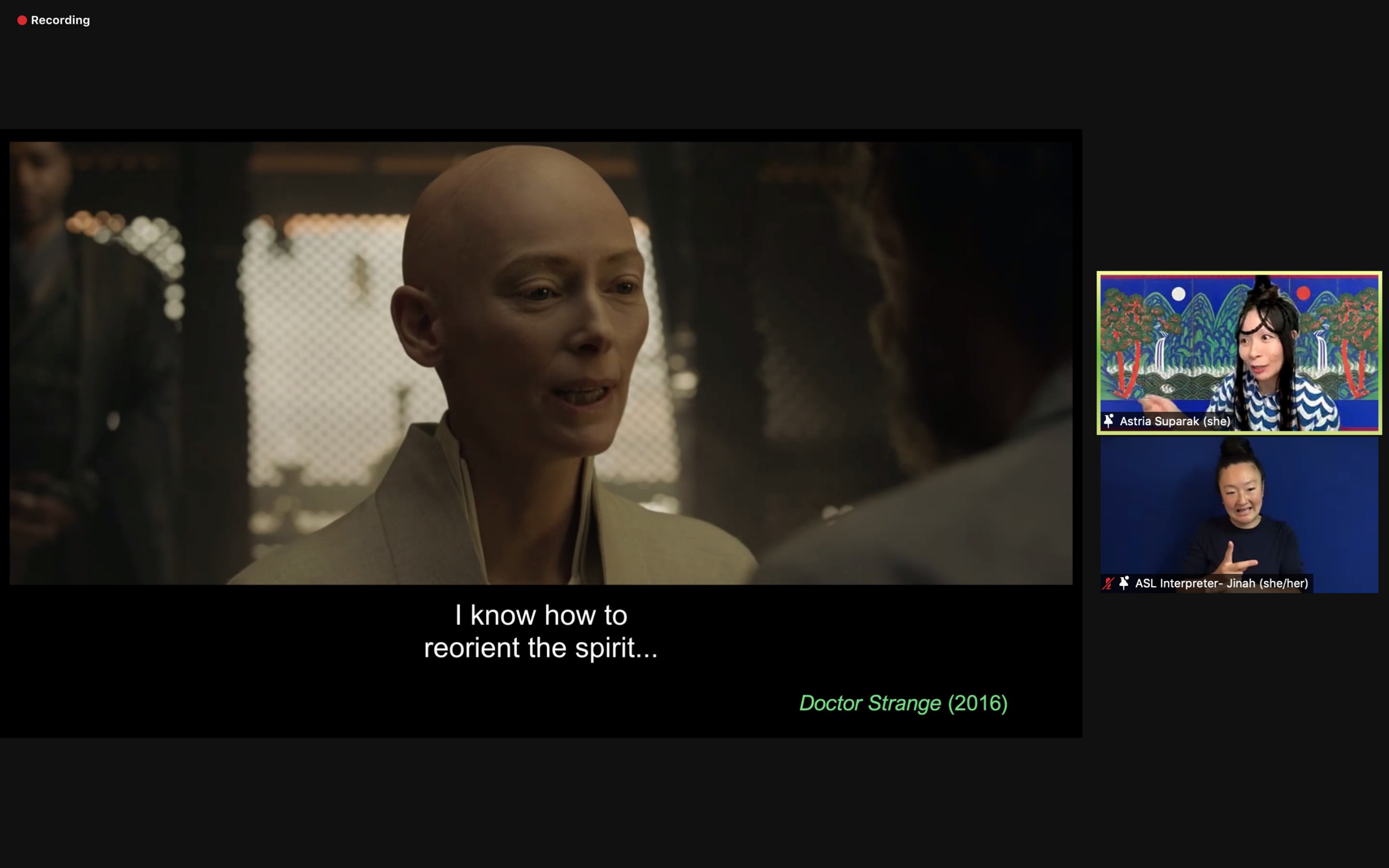 Screengrab of artist talk featuring still from Doctor Strange with Tilda Swinton