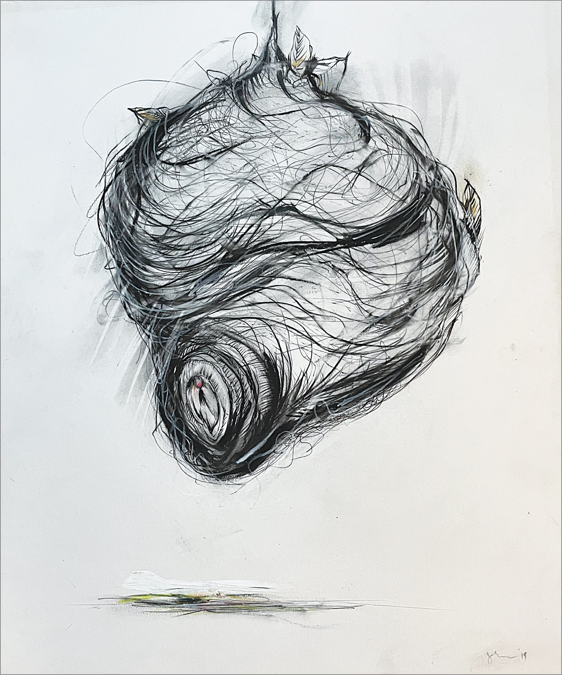 Drawing of spherical nest rendered in swirling black lines