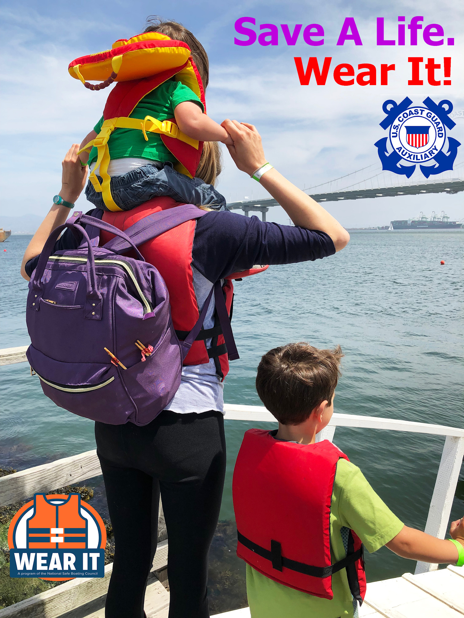 Shown from behind, an adult with a small child on their shoulders and an older child to their right, all wearing life vests, gazes out at open water, and overlaying messaging encourages the use of floatation vests