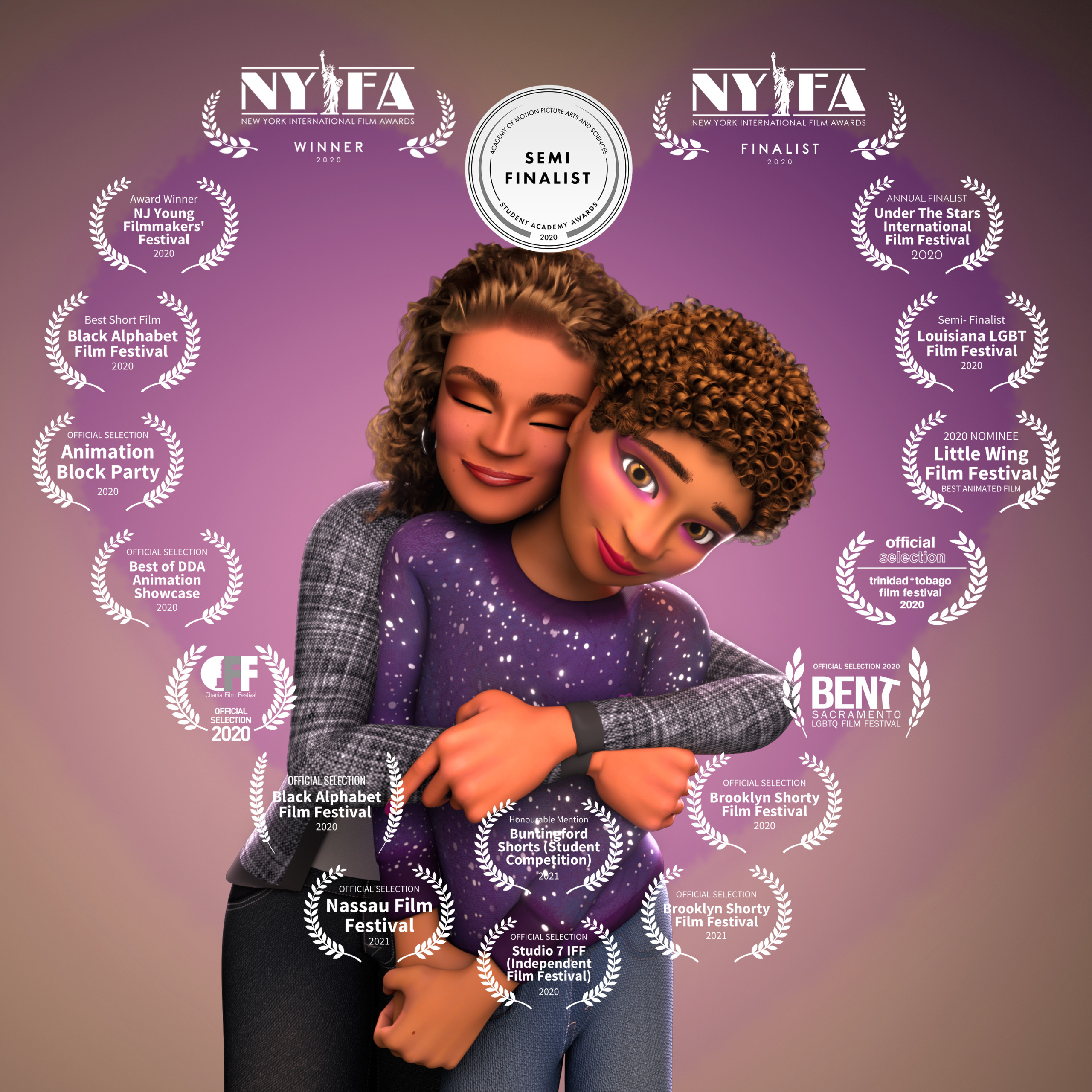 Film poster showing a woman with curly bronze hair and brown skin hugging a smiling boy, hazel eyes adorned in purple eyeshadow, from behind, overlaid with film festival emblems