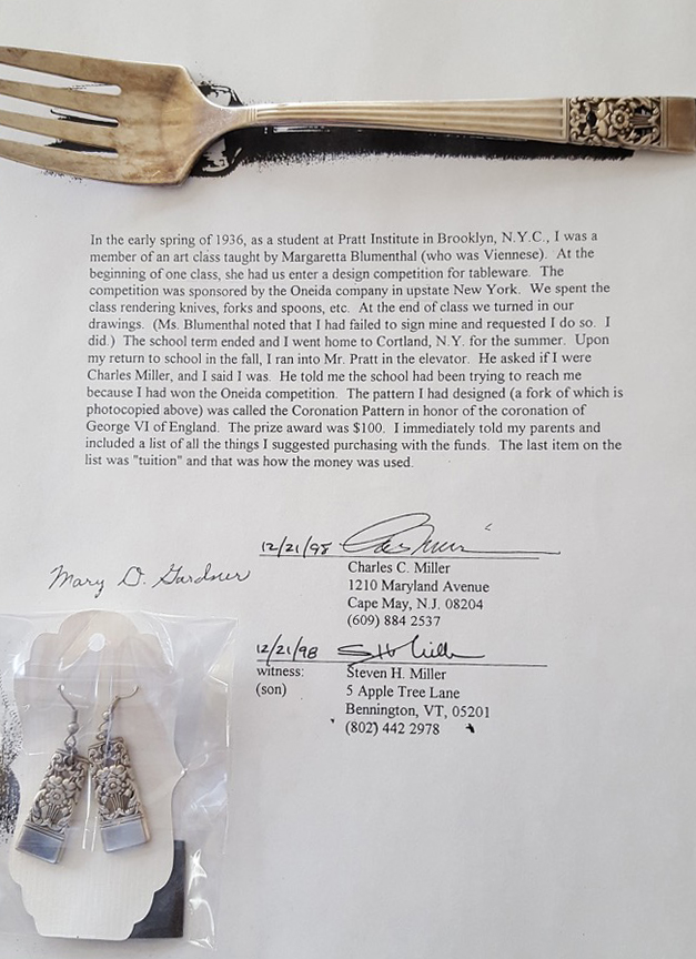 Letter with story of winning design competition and silver fork showcasing design