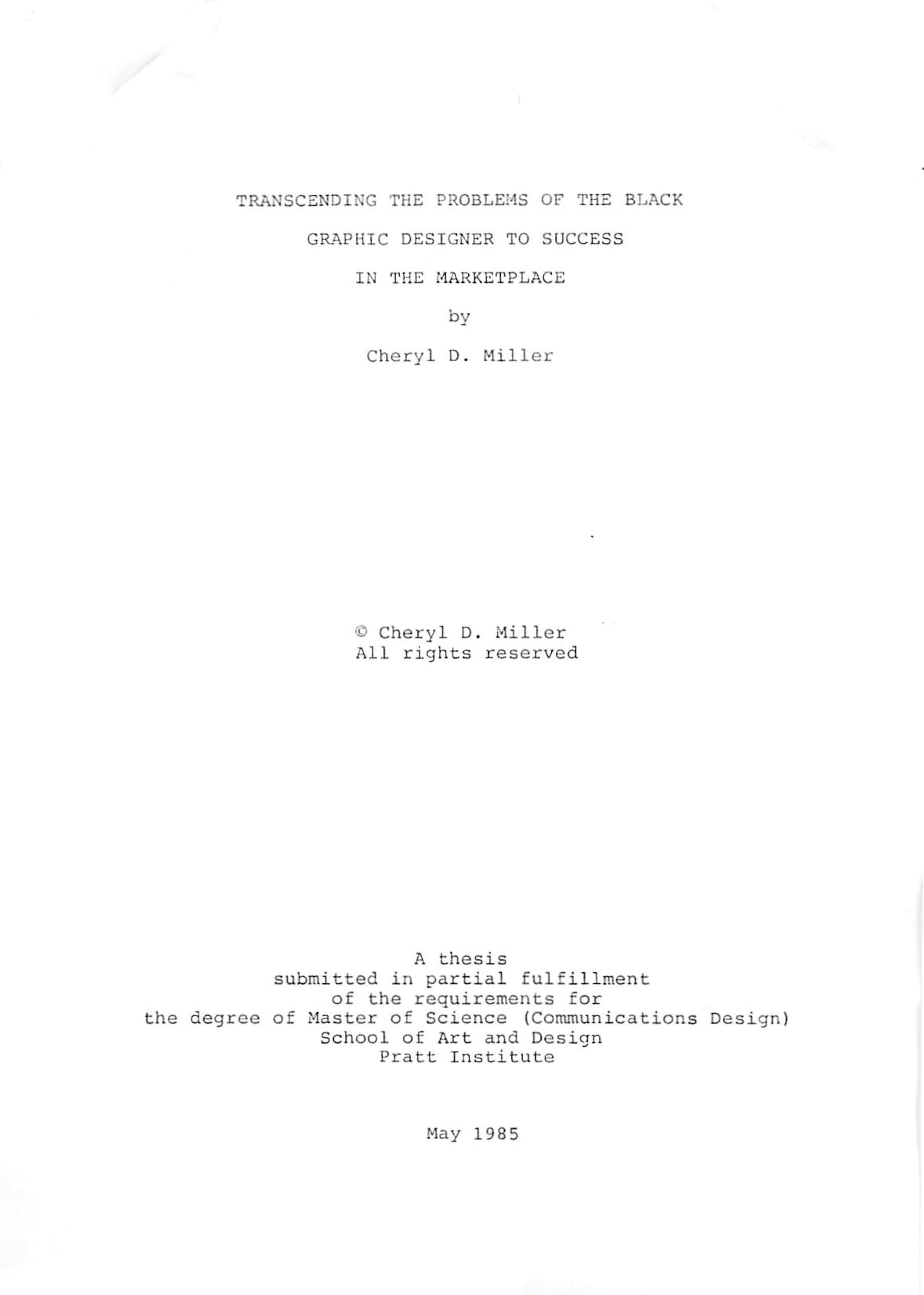 Thesis cover page with the title Transcending the Problems of the Black Designer to Success in the Marketplace