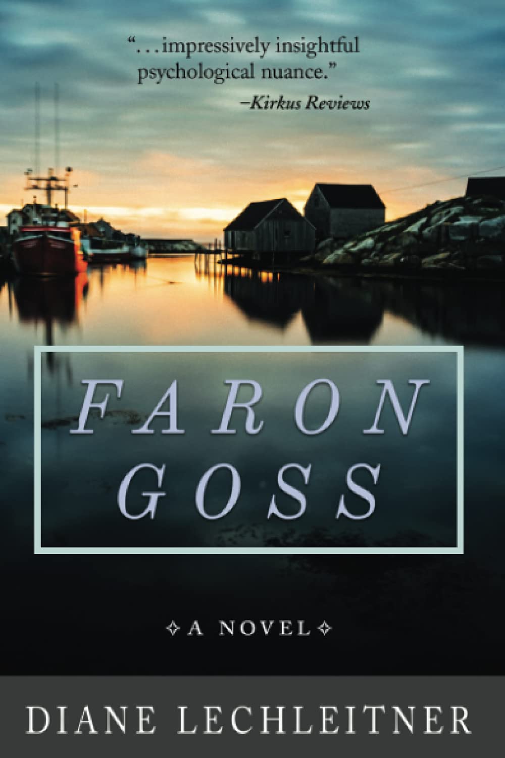 Book cover with photo of port town docks at twilight