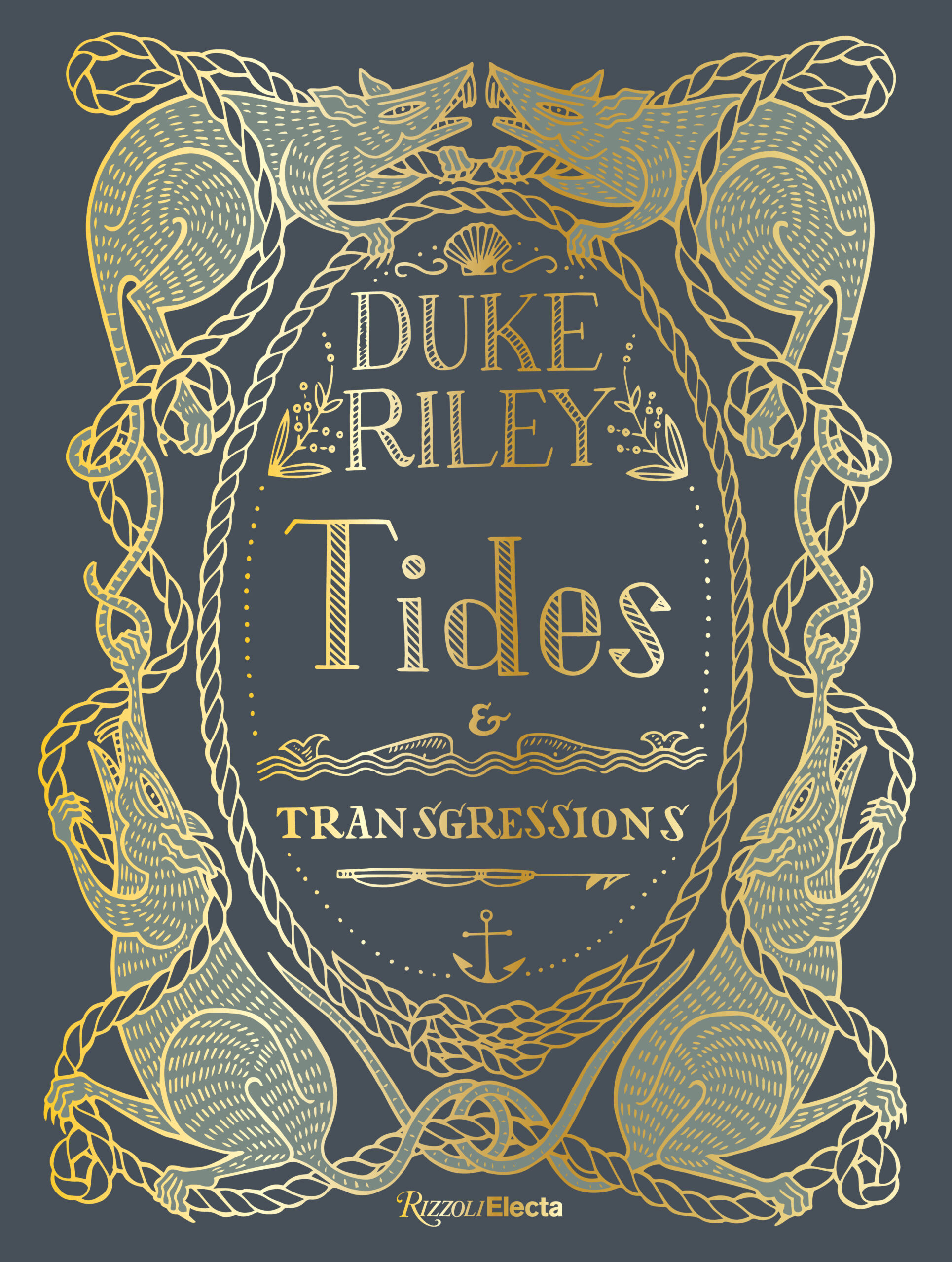 Book cover with gold lines framing illustrations of four rats holding ship ropes coiled around the book title
