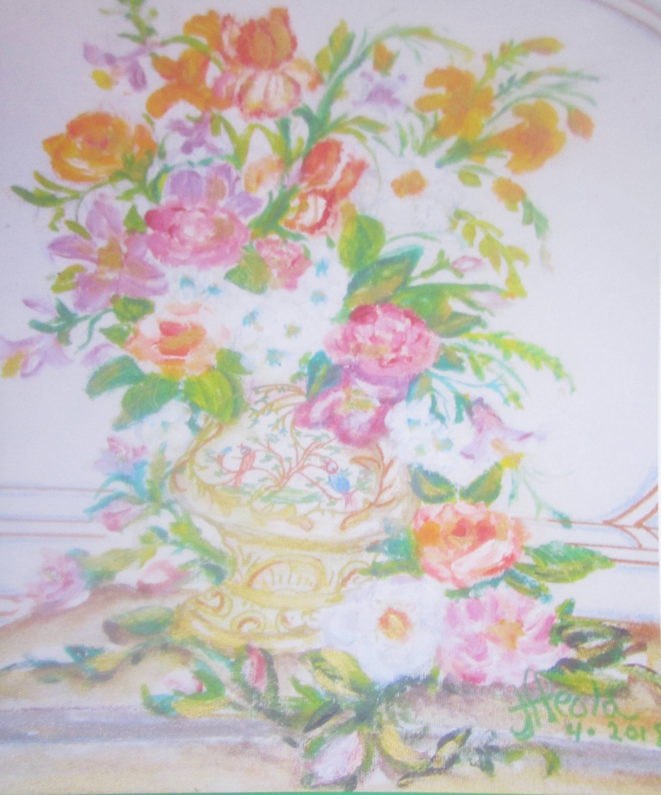 A loosely representational painting of pink, white, and orange flowers arranged in a gold vase