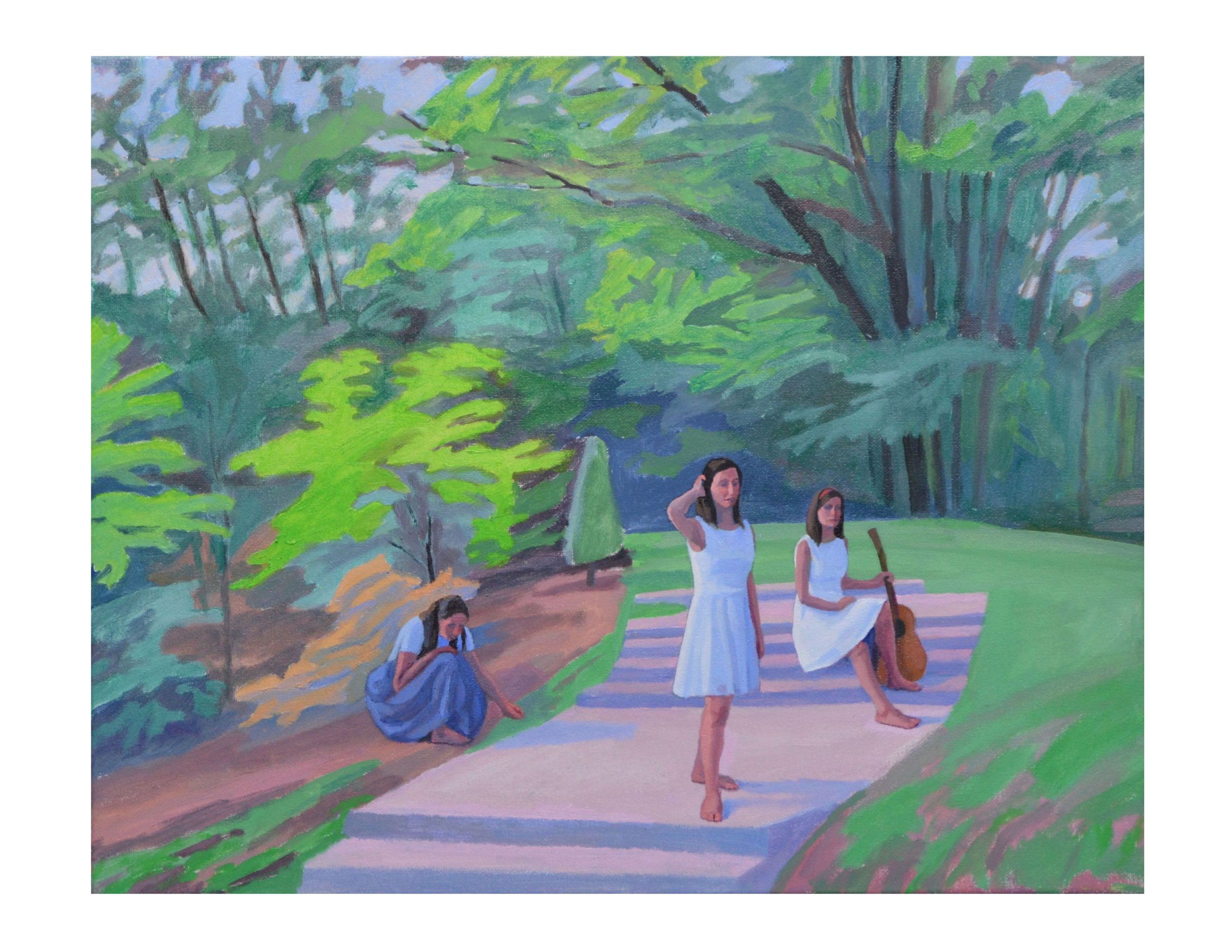 Impressionistic painting in soft pastel colors depicting three figures in dresses, one holding a guitar, arranged on and beside the steps of a path cutting through a green landscape