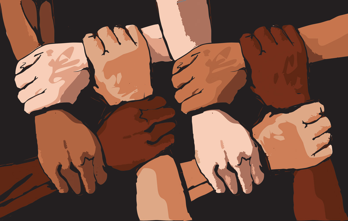 Illustration of hands of various skin tones holding the wrists perpendicular to them, forming a lattice