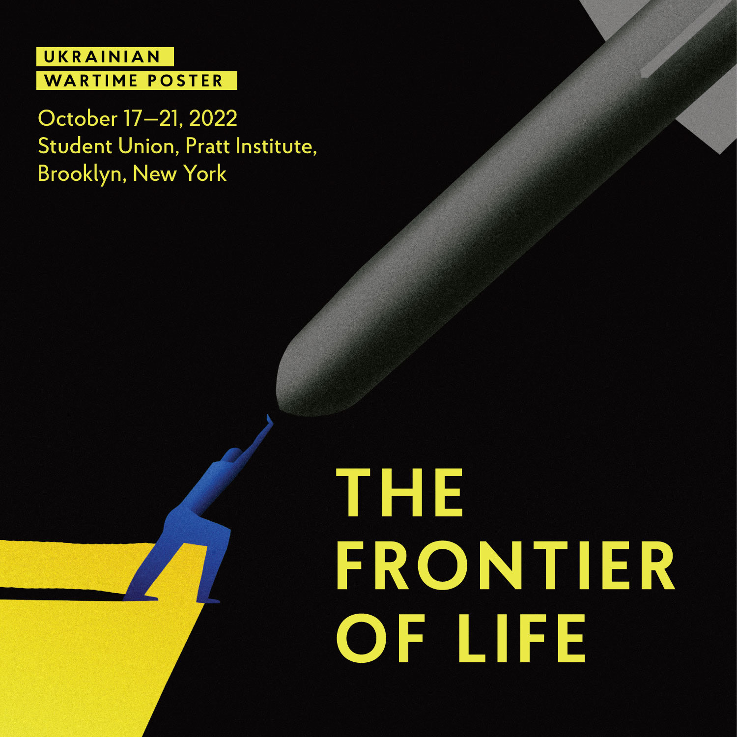 flyer for the frontier of life, depicting a graphic of a human, hands raised and 45 degree angle, pressing against a large object that seems to be falling their way