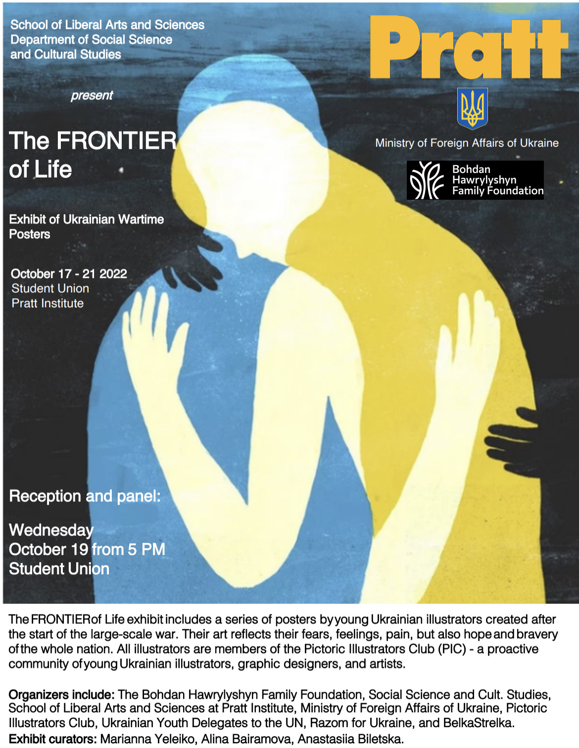 flyer for the frontier of life, depicting two people hugging, as colorblocked figures