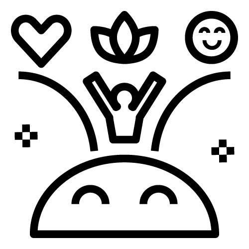 line art of icons depicting a heart, a flower, and a smiley face, with a icon of person under those, with open arms, above a smiling sun, with stars on each side