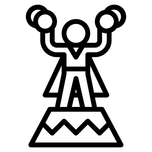 line graphic of a person in a cape, standing on a platform