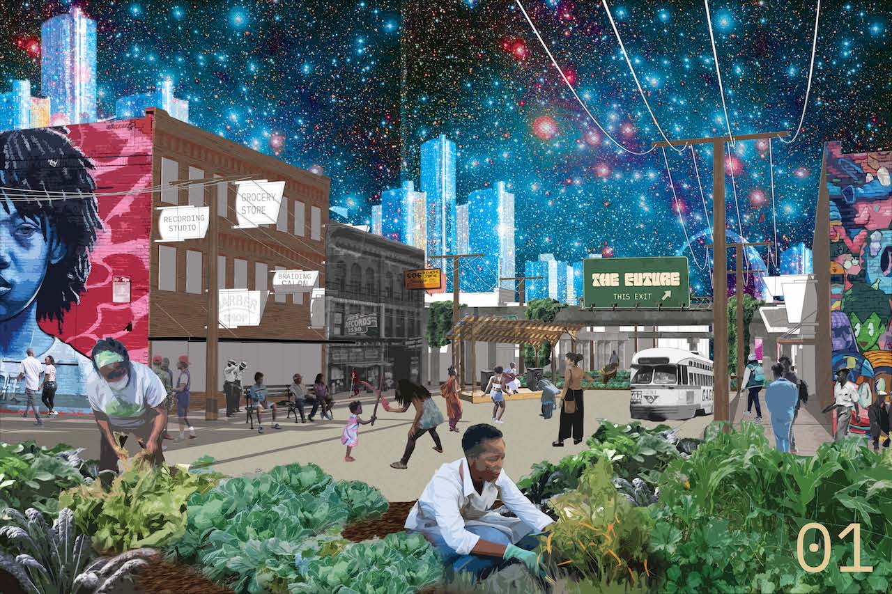 People with brown skin of different ages tend gardens, play, stroll, and relax in a public square under a vibrantly colored starry sky, city skyscrapers in the background