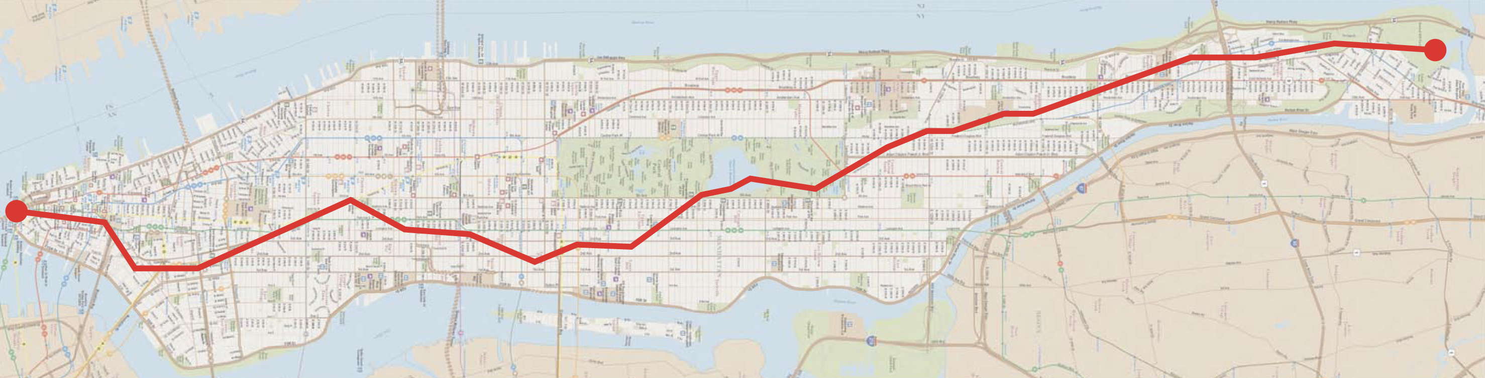 Street map of Manhattan with red line indicating Lenape trail route