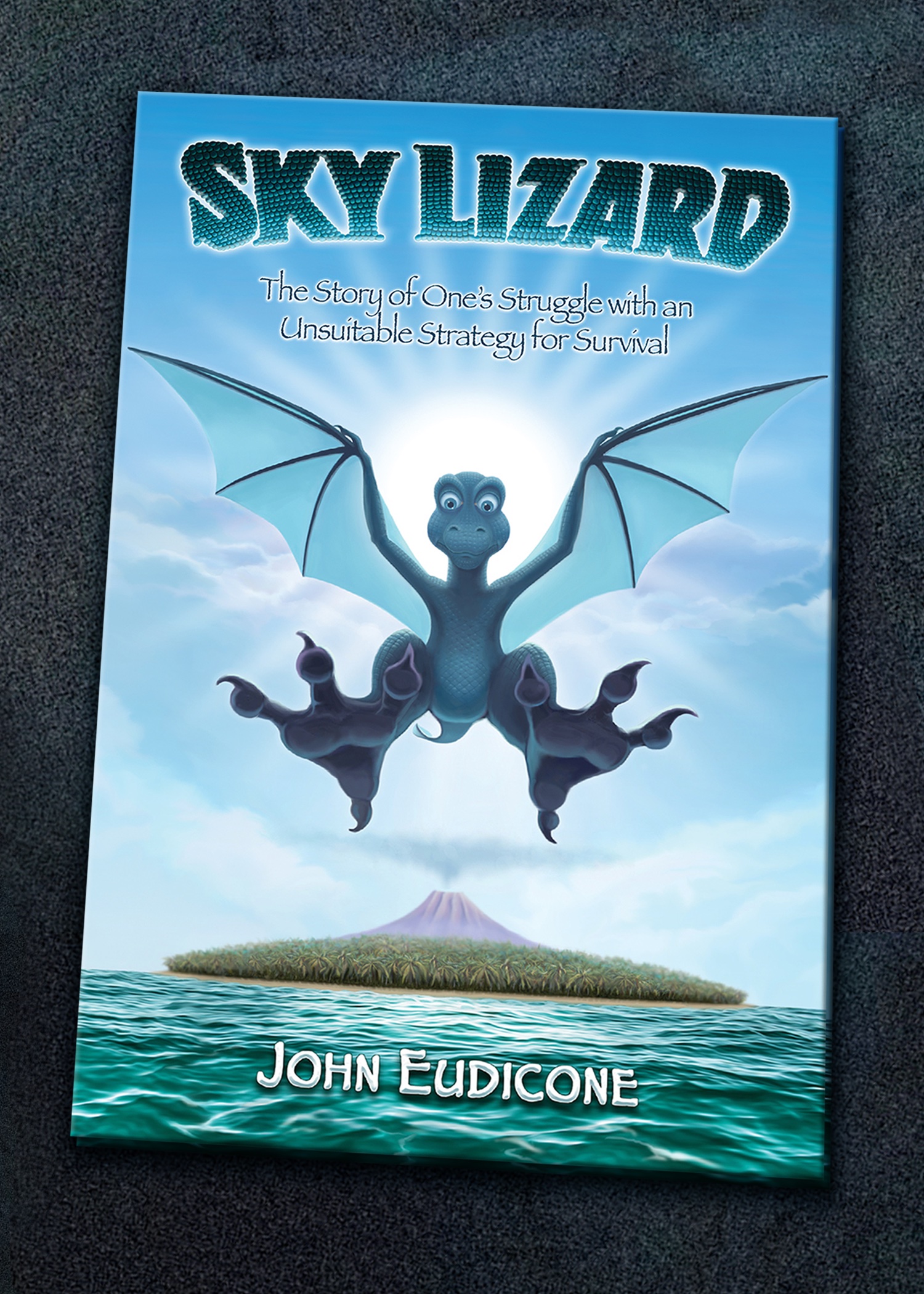 Book cover featuring a dragon figure hovering over a volcanic island in a brightly lit sea