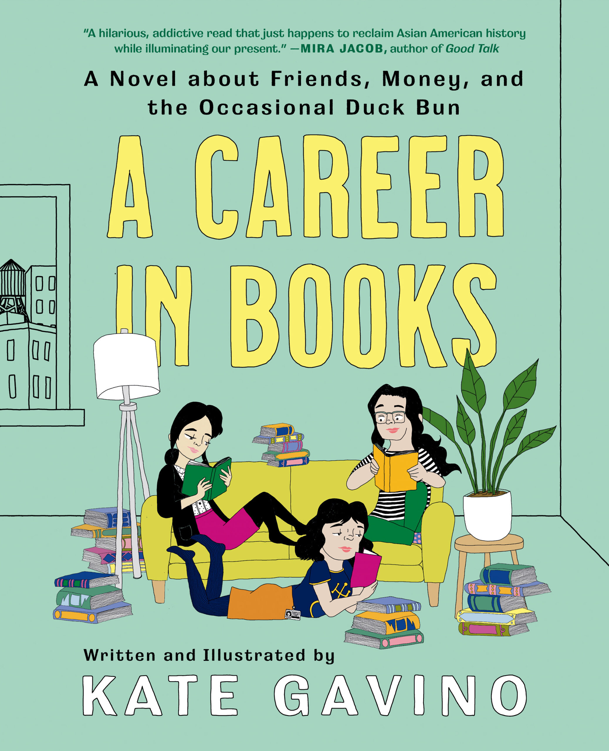 Book cover with illustration of three women gathered around a couch reading stacks of books in an apartment with buildings and a water tower visible beyond the window