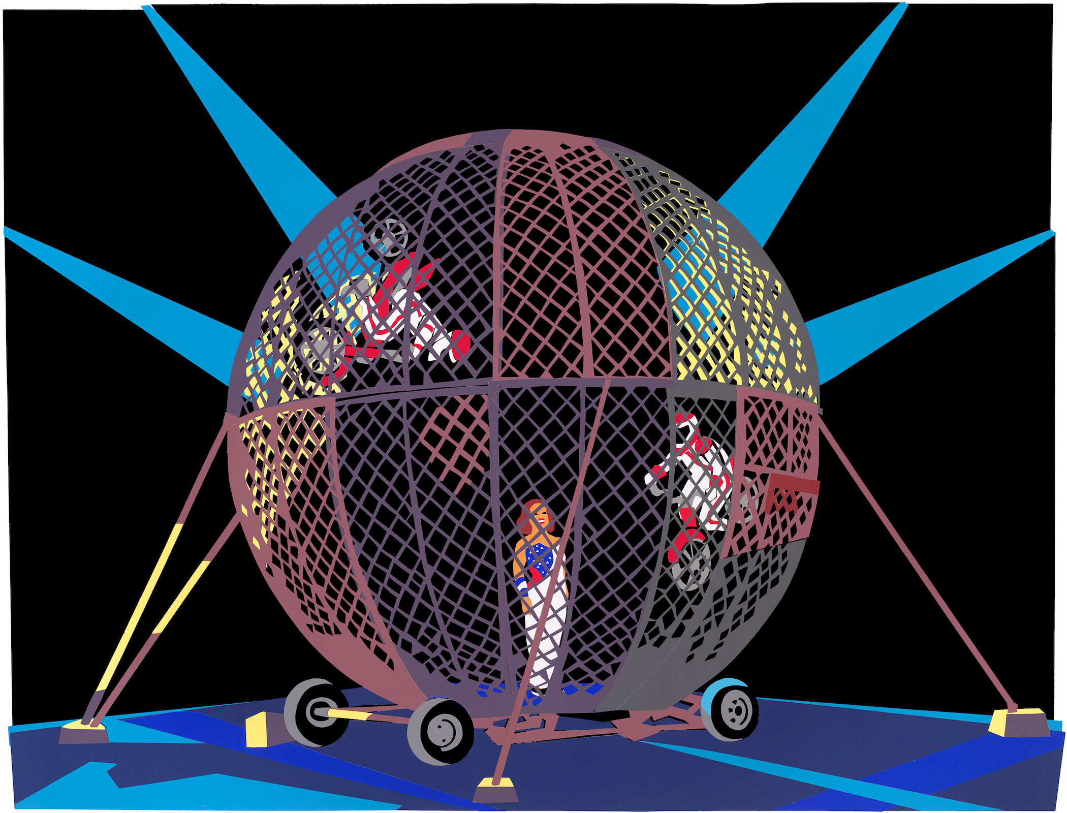 A large chain-linked cage in the shape of a globe contains two motorbikers riding its inner sides and a performer standing at its center, illuminated by four spotlights