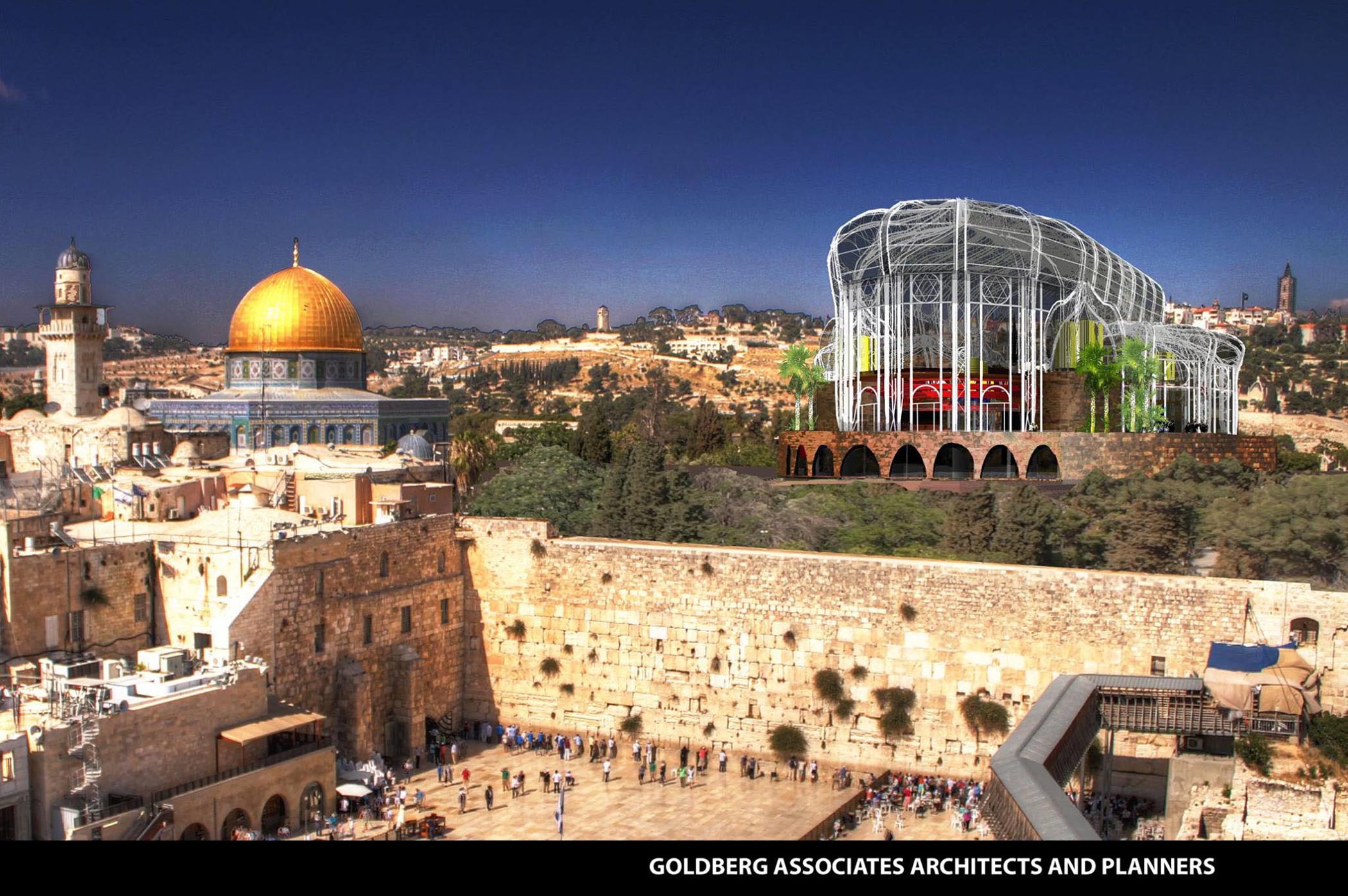 Rendering of a temple with white beams and stone arches on a hill in Jerusalem